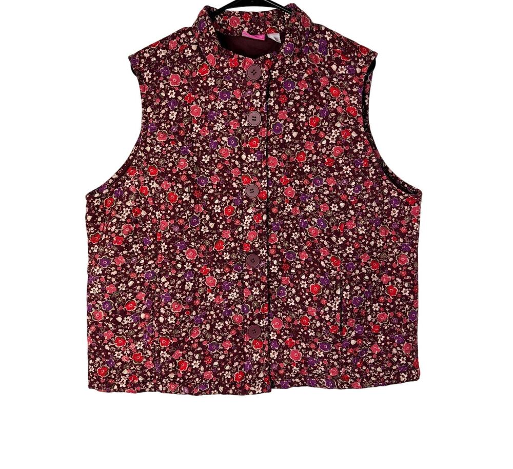 Coppagallo Quilted Floral Vest XL Burgundy Preppy Cottagecore Outdoors Chic Top